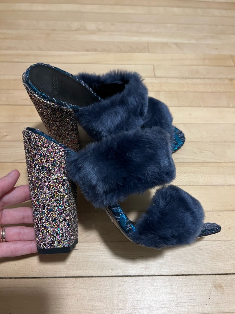 ASOS Navy Faux Fur Glitter Block Heel Mules